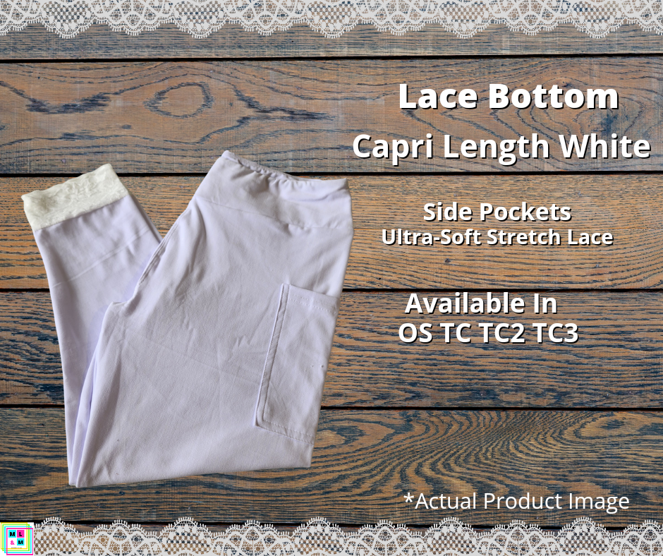 White Lace Cuff Capri Leggings w/ Pockets